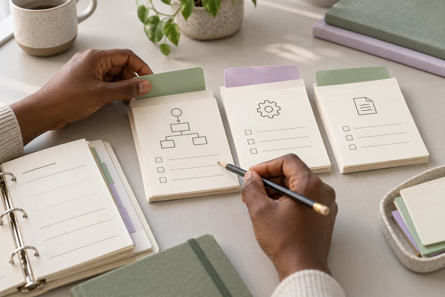 Illustration de mains organisant des fiches de travail et un classeur